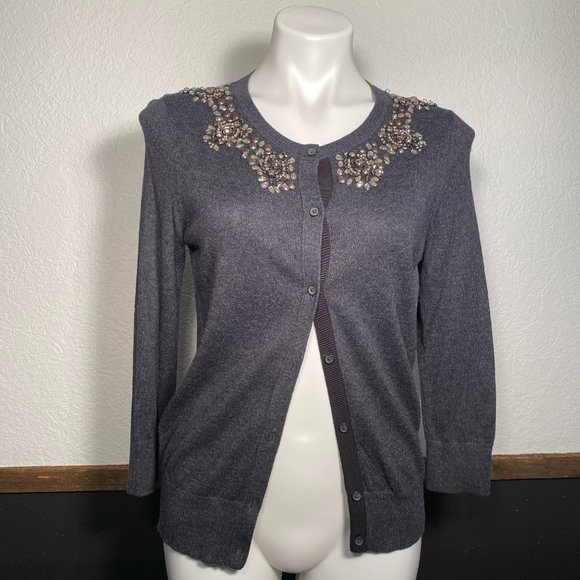 LOFT Sweaters - Ann Taylor LOFT Charcoal Cardigan with Gems